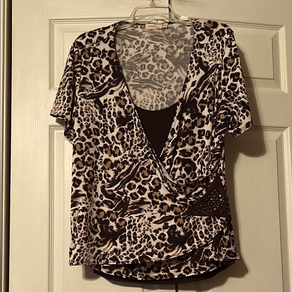 Choices 2X -  Leopard Print Wrap Front Women's Top - Black/Brown/Tan